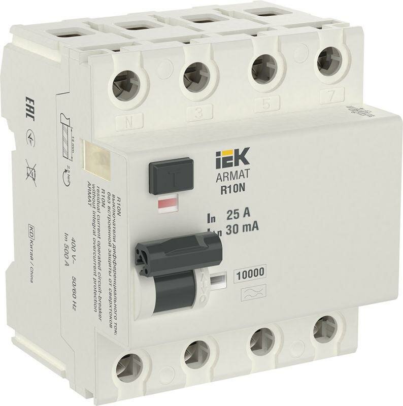 Выключатель дифференциального тока (УЗО) 4п 25А 30мА тип A ВДТ R10N ARMAT IEK AR-R10N-4-025A030 (1 шт) - фотография № 1