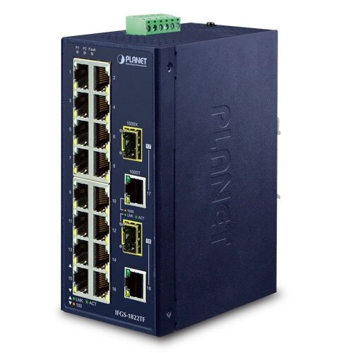 Промышленный Ethernet-коммутатор PLANET IFGS-1822TF 16-портовый 10/100TX + 2-портовый комбинированный Ethernet-коммутатор Gigabit TP/SFP