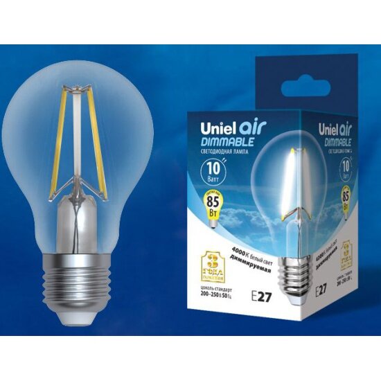 Светодиодная лампа Uniel LED-A60-10W/4000K/E27/CL/DIM GLA01TR диммируемая. Форма "А", прозрачная. Серия Air. Белый свет (4000K). Картон.