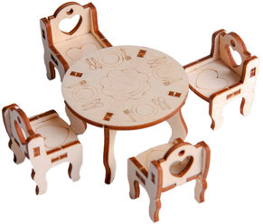 Деревянная мебель для кукол "Кухонный уголок", набор для кукольного домика стол + 4 стульчика