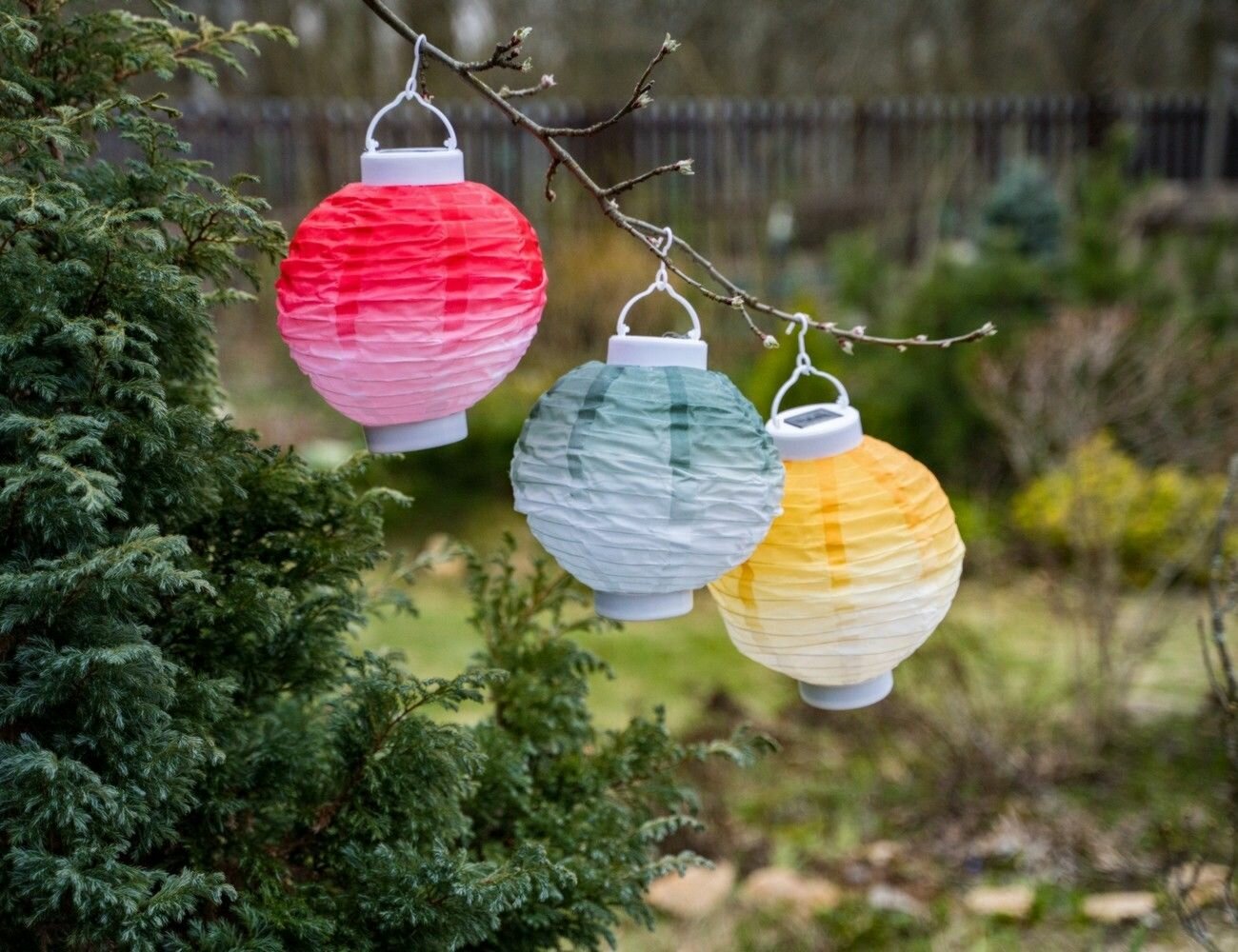 фото Подвесные садовые светильники Solar китайские фонарики на солнечной батарее, цветные, тёплый белый LED-огонь, 20х23 см (3 шт.), Kaemingk (Lumineo) 897653