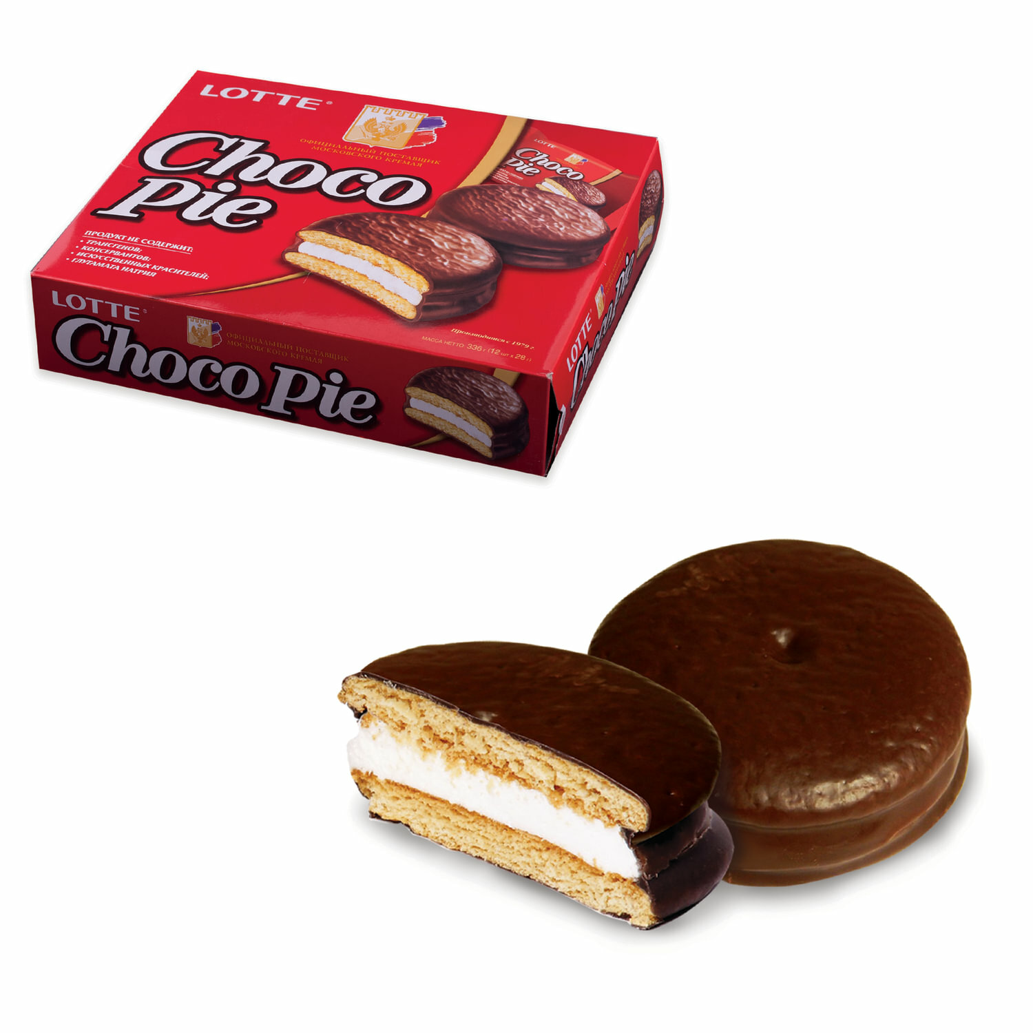 Комплект 2 шт. Печенье LOTTE Choco Pie (Чоко Пай), прослоенное, глазированное, в картонной упаковке, 336 г (12 штук х 28 г) - фотография № 1