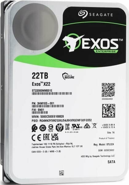 Жесткий диск Seagate HDD 22Tb Exos X22 7200 512Mb (replacement WUH722222ALE6L4, WD221KRYZ)