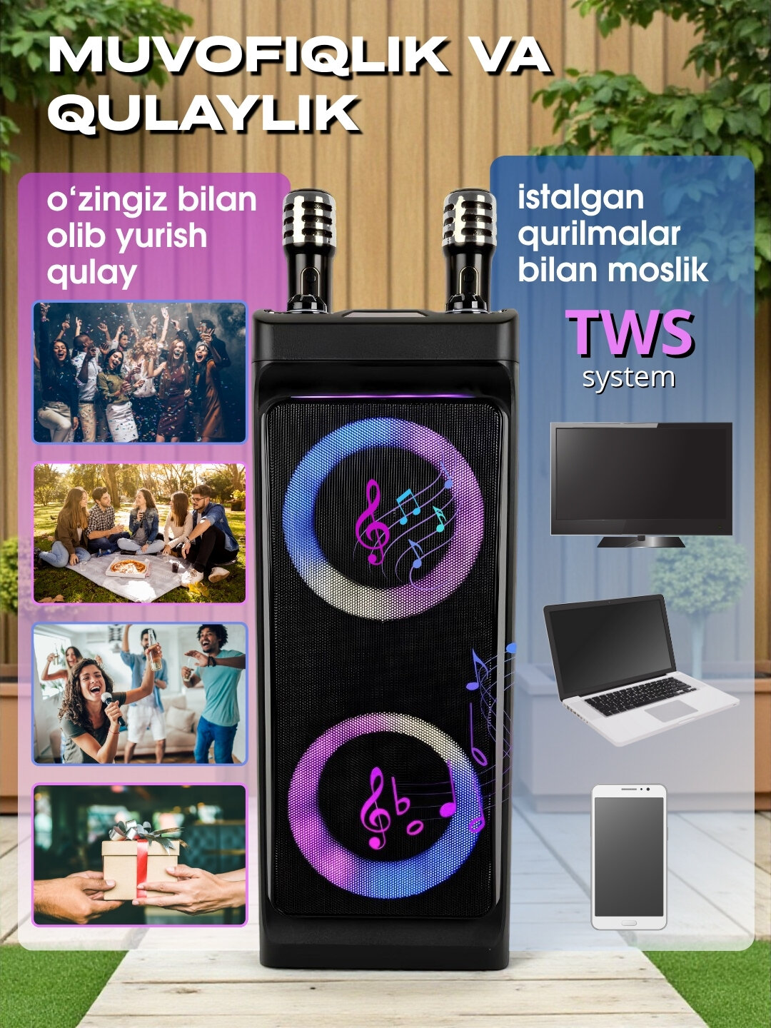 Portativ karaoke kalonka, simsiz kalonka с микрофоном Bluetooth, с пультом - 6