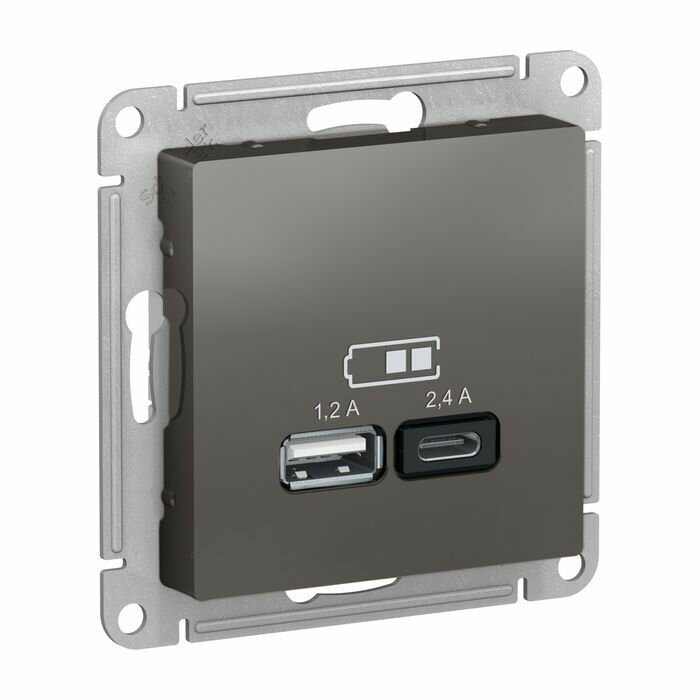 ATLASDESIGN USB Розетка A+С, 5В/2,4 А, 2х5В/1,2 А, механизм, сталь Schneider Electric ATN000939