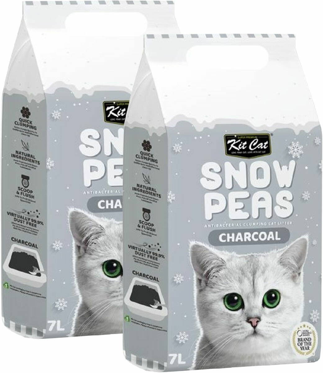 KIT CAT SNOW PEAS CHARCOAL наполнитель комкующийся биоразлагаемый на основе горохового шрота для туалета кошек c активированным углем (7 + 7 л)