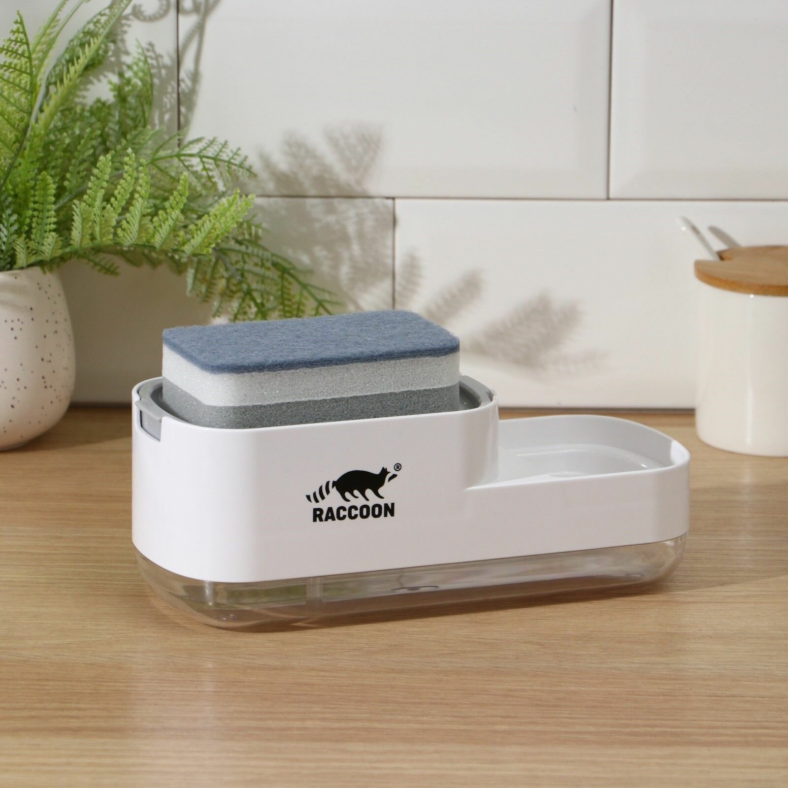 фото Белый кухонный дозатор для моющего средства с подставкой для губки и губкой