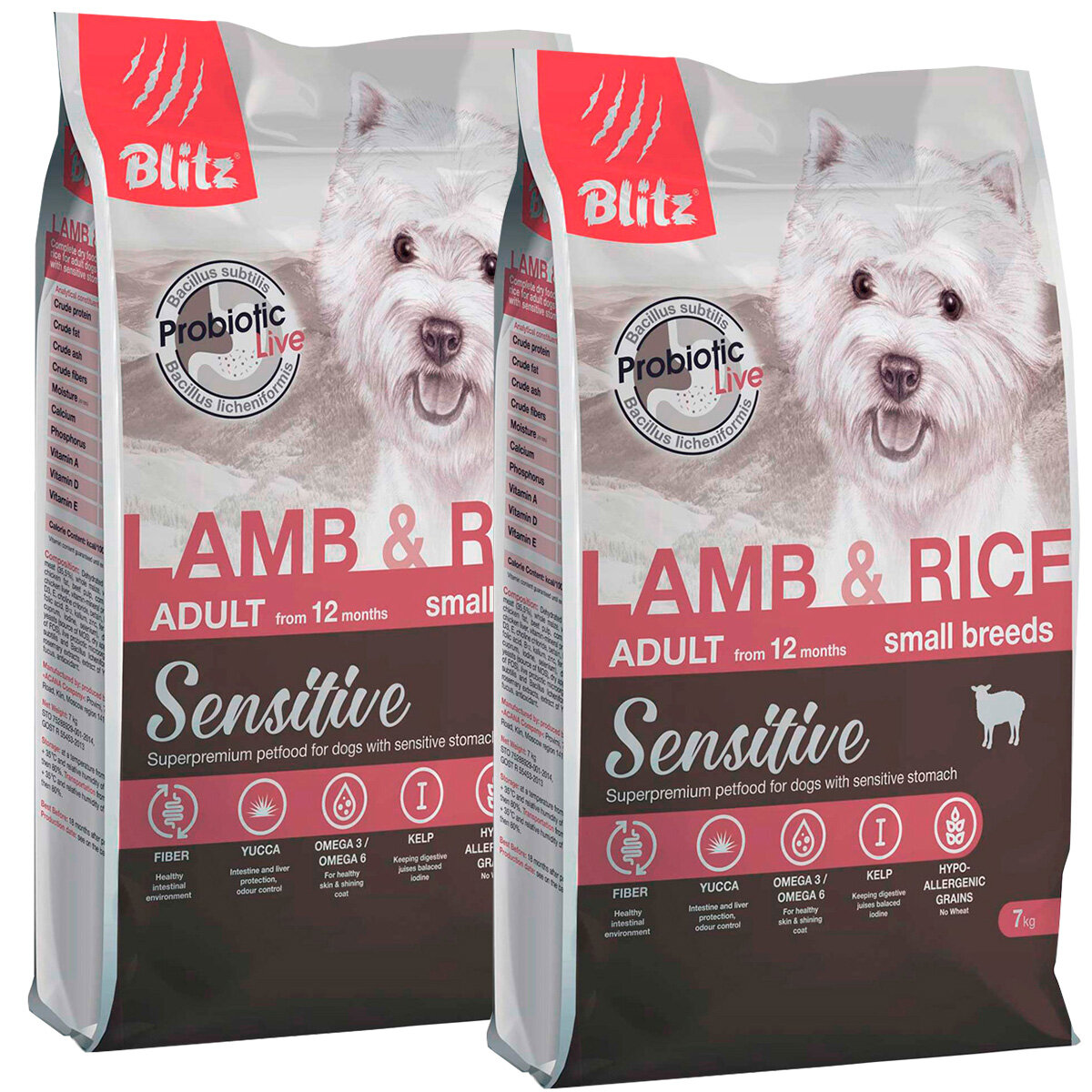 Сухой корм BLITZ SENSITIVE ADULT SMALL BREEDS LAMB & RICE для взрослых собак маленьких пород с ягненком и рисом (7 + 7 кг)