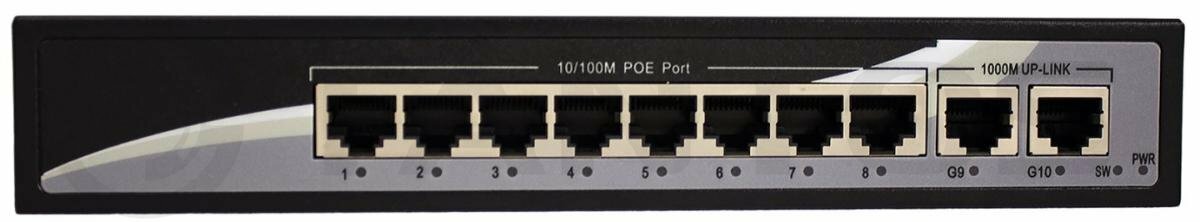 TSn-8P10V TSn-8P10V -10 портовый POE Ethernet коммутатор. 8 POE Ethernet 10/100Мб портов, 2 порта Ehternet 1000 Мбит/с, режим CCTV (дальность до 250м)