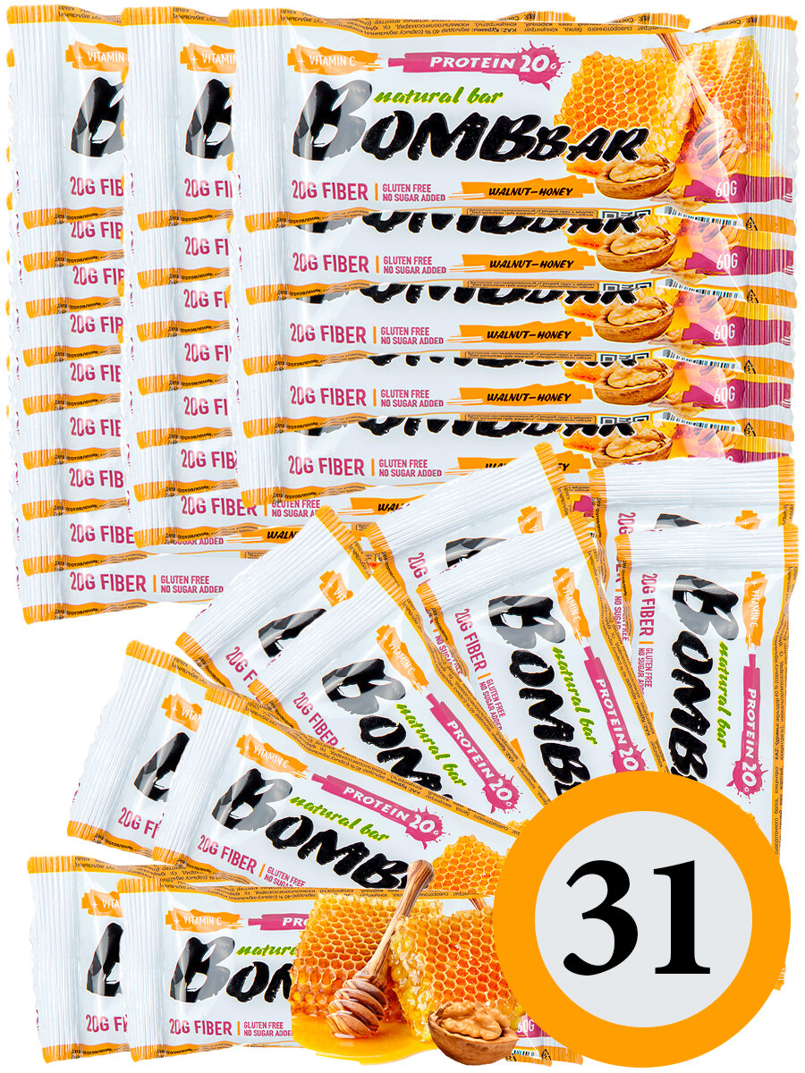 Протеиновый батончик Bombbar Protein Bar 31 x 60 г, Грецкий орех с медом