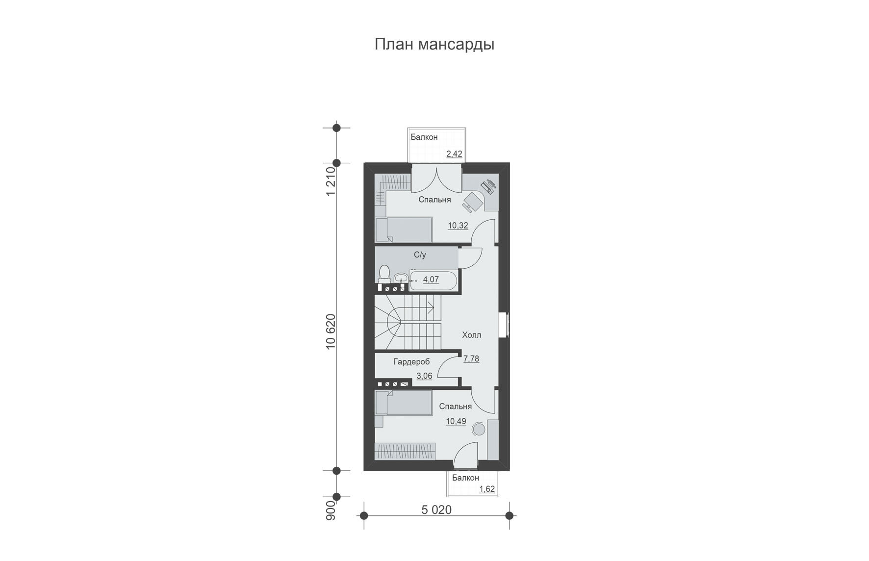 Одноэтажный дом с мансардой, террасой и балконами (73 м2, 11м x5м) Rg5139 - фотография № 9