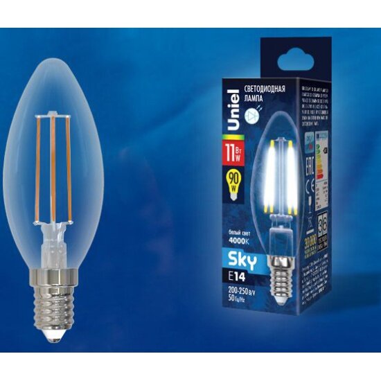 Светодиодная лампа UNIEL LED-C35-11W/4000K/E14/CL PLS02WH Форма "свеча", прозрачная. Серия Sky. Белый свет (4000К). Картон. ТМ .