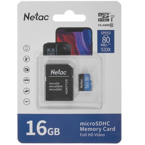 Netac Micro SecureDigital 16GB MicroSD card P500 Standard, retail version w SD adapter NT02P500STN-016G-R