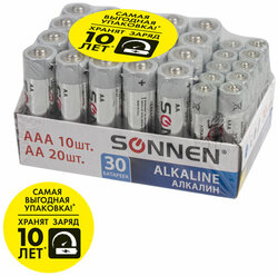 Батарейки комплект 30 (20+10) шт., SONNEN Alkaline, AA+ААА (LR6+LR03), в коробке, 455097