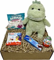 Подарочный набор, бокс, Мягкая игрушка Дракон-динозавр 28 см, сладости Kinder шоколад, яйцо, маршмеллоу, BabyFox