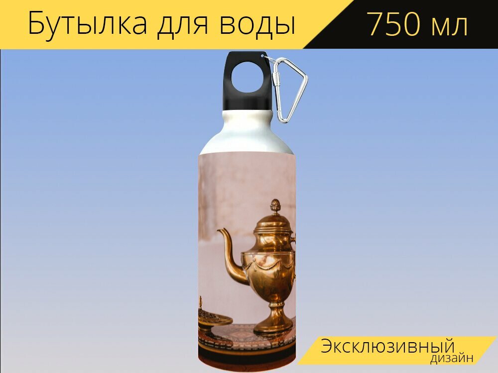 фото Бутылка фляга для воды "Обработанная медь, котлы ручной работы, медь ручной работы" 750 мл. с карабином и принтом