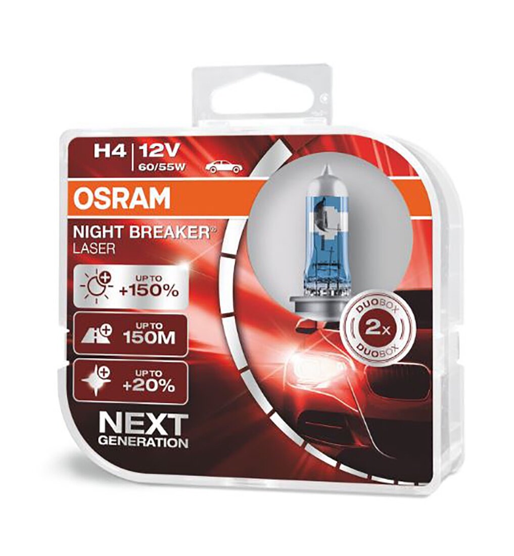 Галогенные лампы головного света (2 шт) OSRAM NIGHT BREAKER LASER (Next Generation), на 150% больше света, H4, 64193NL-HCB