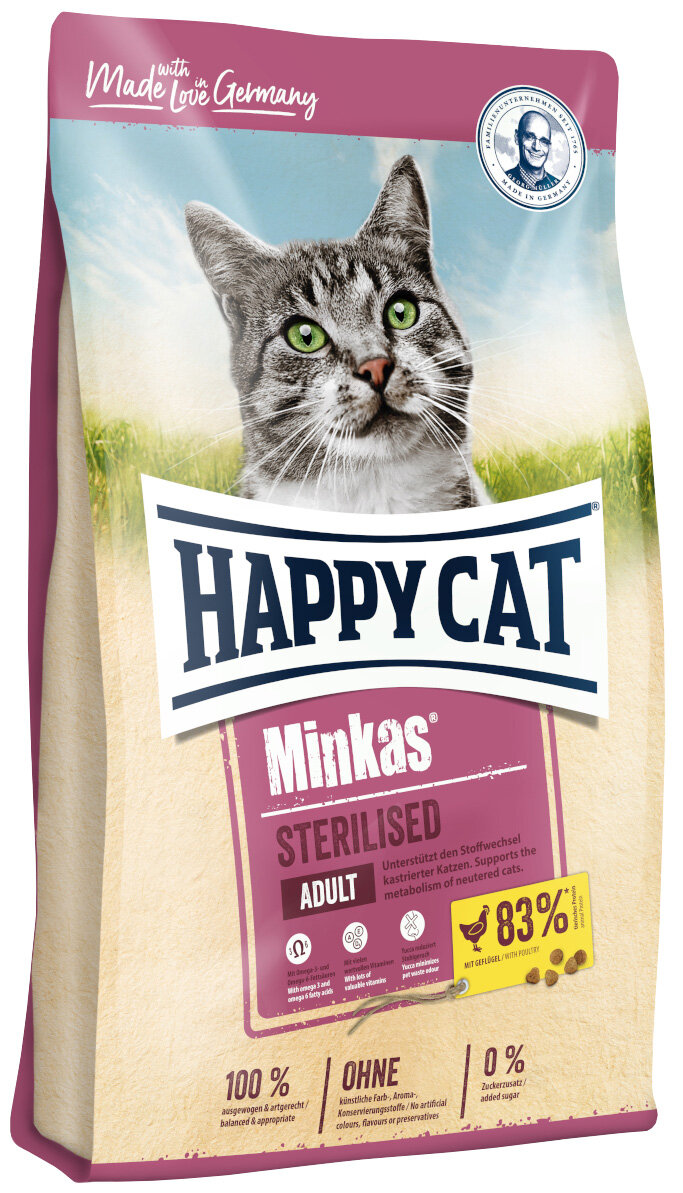 HAPPY CAT MINKAS STERILISED для взрослых кастрированных котов и стерилизованных кошек с птицей (10 + 10 кг)