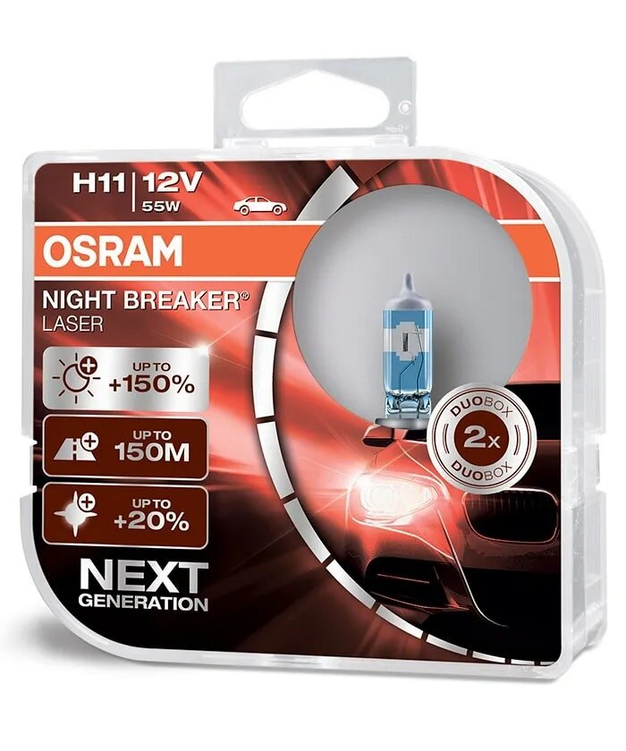 Галогенная лампа Osram H11 12V 55W (PGJ19-2) +150% Night Breaker Laser DuoBox 64211NL-HCB