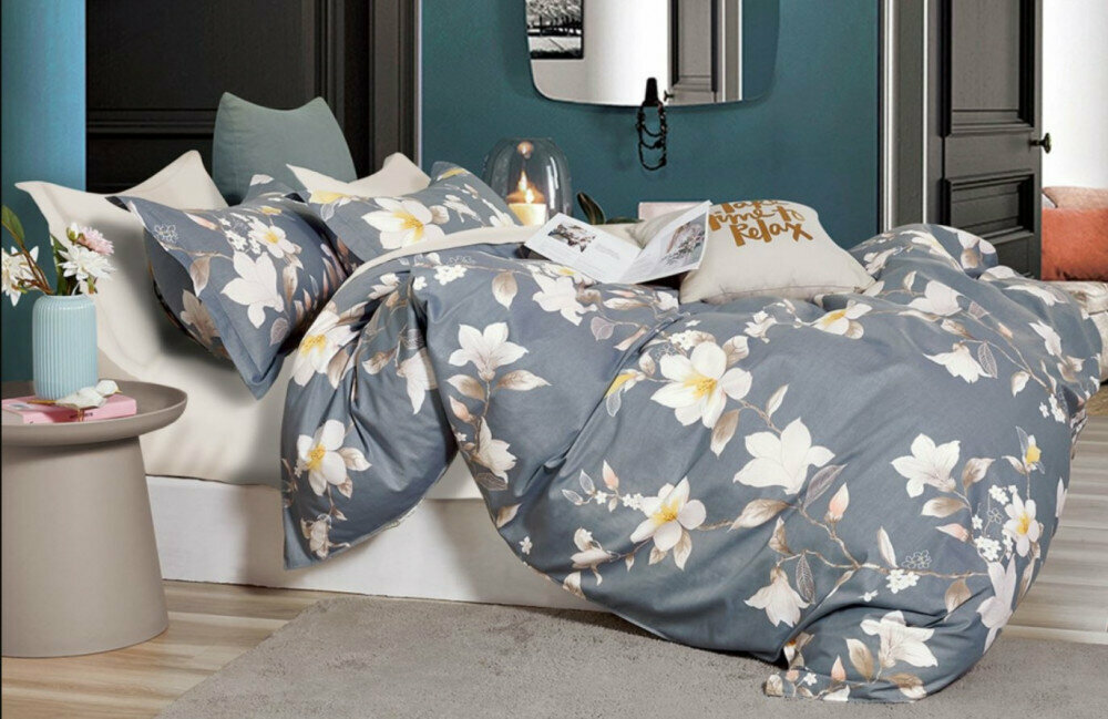 2 спальное постельное белье двустороннее сатин серое с цветами