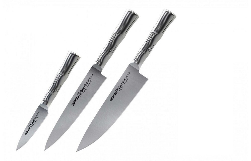SBA-0220КРЧП набор из 3-Х кухонных ножей SAMURA BAMBOO овощной, универсальный 150 мм, шеф и подставка из пластика - фотография № 2