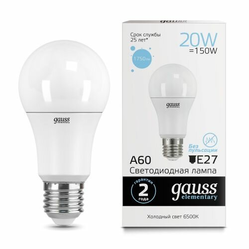 Светодиодная лампа GAUSS Elementary LED A60 20W E27 6500K