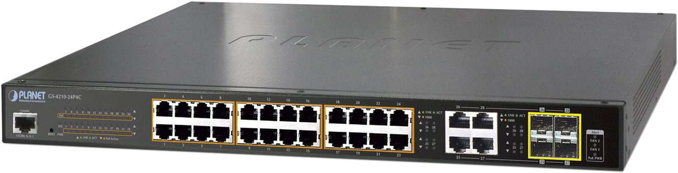 Planet коммутатор/ PLANET IPv6/IPv4, 24-Port Managed 802.3at POE+ Gigabit Ethernet Switch + 4-Port Gigabit Combo TP/SFP (220W)