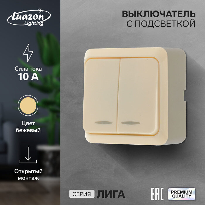 фото Выключатель Luazon Lighting "Лига", 10 А, 2 клавиши, накладной, с подсветкой, бежевый