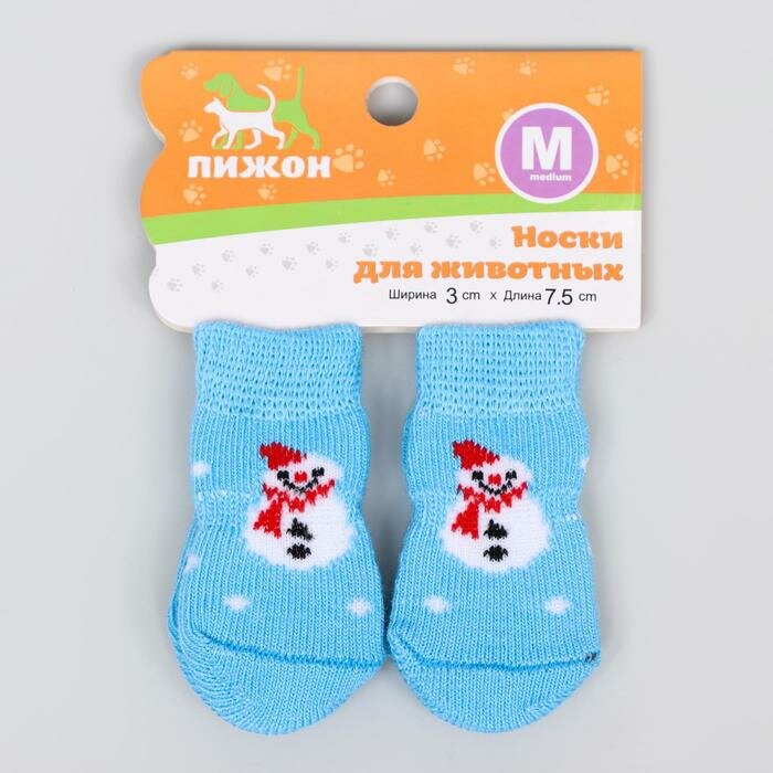 Носки для собак Пижон нескользящие "Снеговики", M, 3-4х7 см, набор 4 шт, голубые - фотография № 2