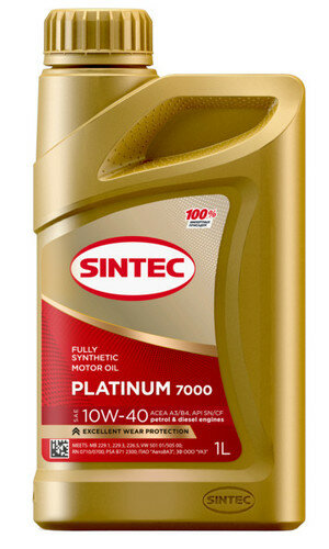 Sintec PLATINUM 7000 SAE 10W-40 SN/CF A3/B3, А3/В4 1л синтетика (600166/999858)