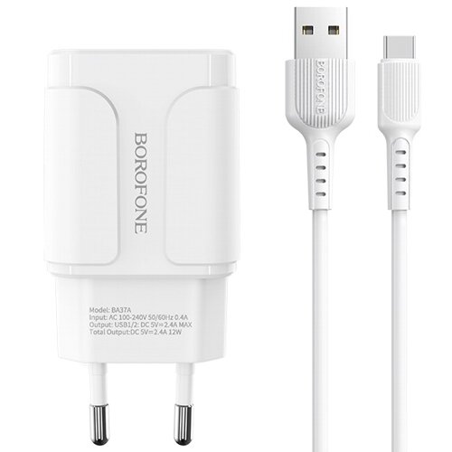 Сетевой адаптер питания Borofone BA37A Speedy White зарядка 2.4А 2 USB-порта + кабель USB-C, белый