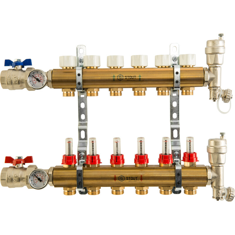 STOUT Распределительный коллектор из латуни с расходомерами 6 вых.