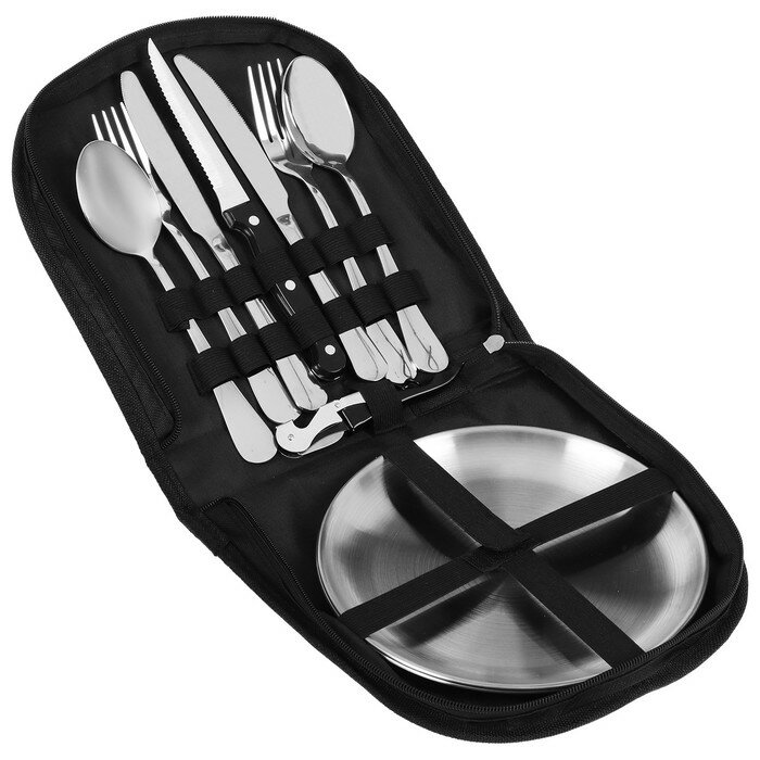Набор для пикника: 3 ножа, 2 вилки, 2 ложки, 2 тарелки, открывашка - фотография № 1