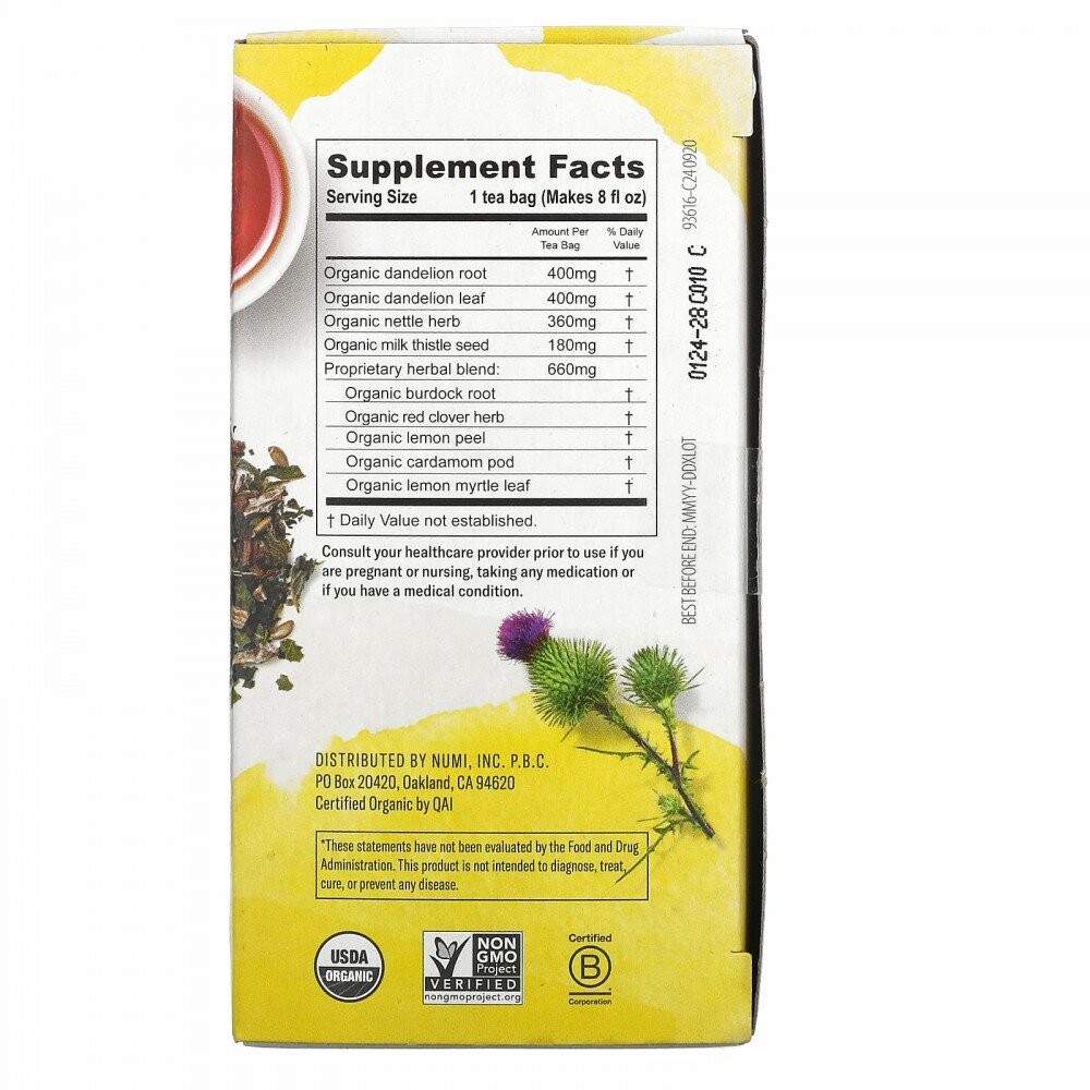 Numi Tea, Organic, Dandelion Detox, без кофеина, 16 чайных пакетиков без ГМО, 32 г (1,13 унции) - фотография № 2