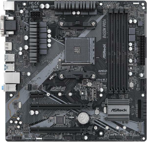 Материнская плата ASRock B450M Pro4 R2.0 Socket AM4 AMD B450 4xDDR4 2xPCI-E 16x 1xPCI-E 1x 4xSATA III mATX Retail