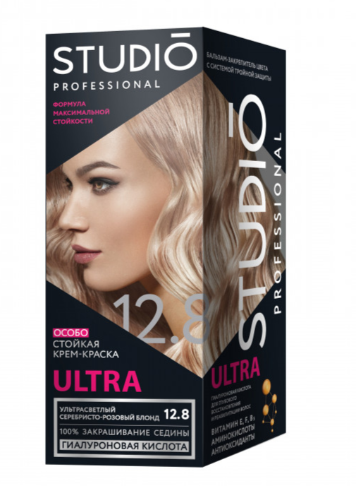 STUDIO professional Ultra стойкая краска для седых волос 12.8 Ультрасветлый серебристо-розовый блонд 115 мл