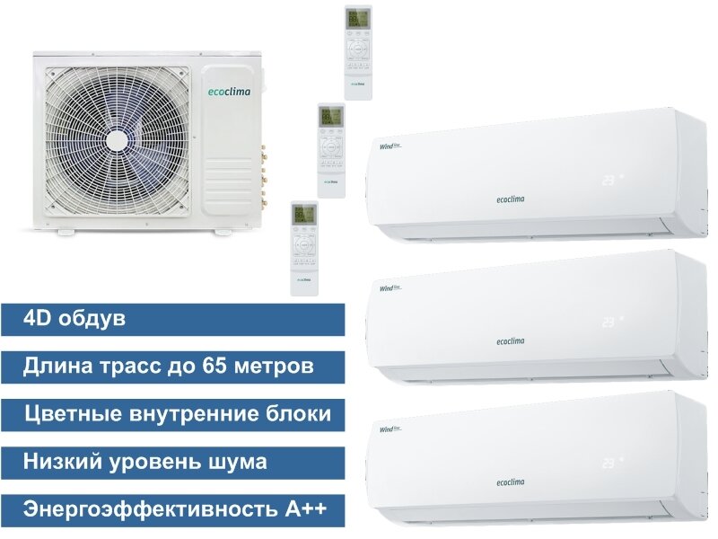 Мульти сплит-система на 3 комнаты Ecoclima СM3-H22/4DR2 + CMWM-H09/4R2-W*3 шт. (75м2) - фотография № 5