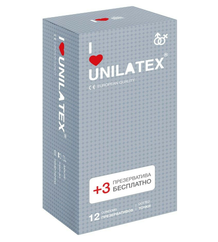 Презервативы с точками Unilatex Dotted - 12 шт. + 3 шт. в подарок (82272)