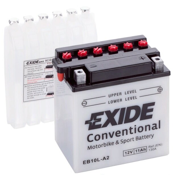 Аккумулятор для мотоцикла и скутера Exide Conventional 11 А/ч 130 А обр. пол. с/зар. с эл. EB10L-A2 (134х89х145) YB10L-A2