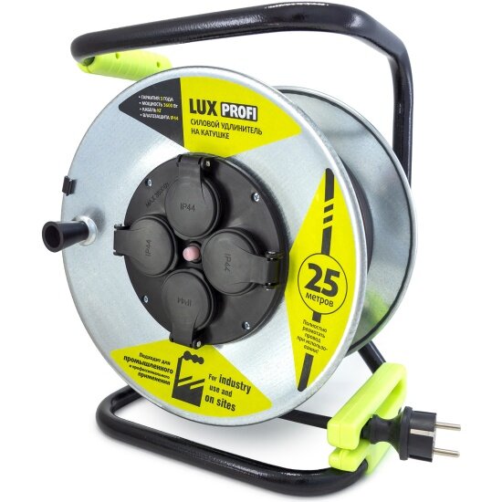 Удлинитель силовой на катушке LUX ELECTRIC LUX PROFI К4-Е-25 КГ 3x1.5 25м 16А 4 роз. с з/к, защит и крышк. IP44 (74125)