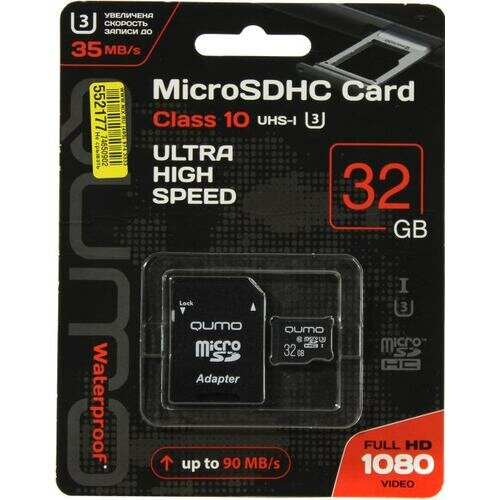 Карта памяти 32GB Qumo MicroSDHC Class 10 UHS-I U3, SD adapter - фото №1