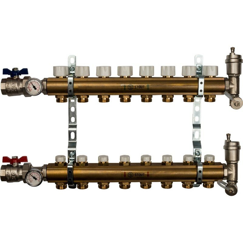 Коллекторная группа из латуни без расходомеров на 8 выходов STOUT (SMB 0468 000008)