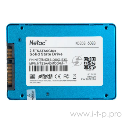 Накопитель SSD 2.5" Netac 60Gb N535s Series (nt01n535s-060g-s3x) Retail (sata3, up to 400/200MBs, 3D
