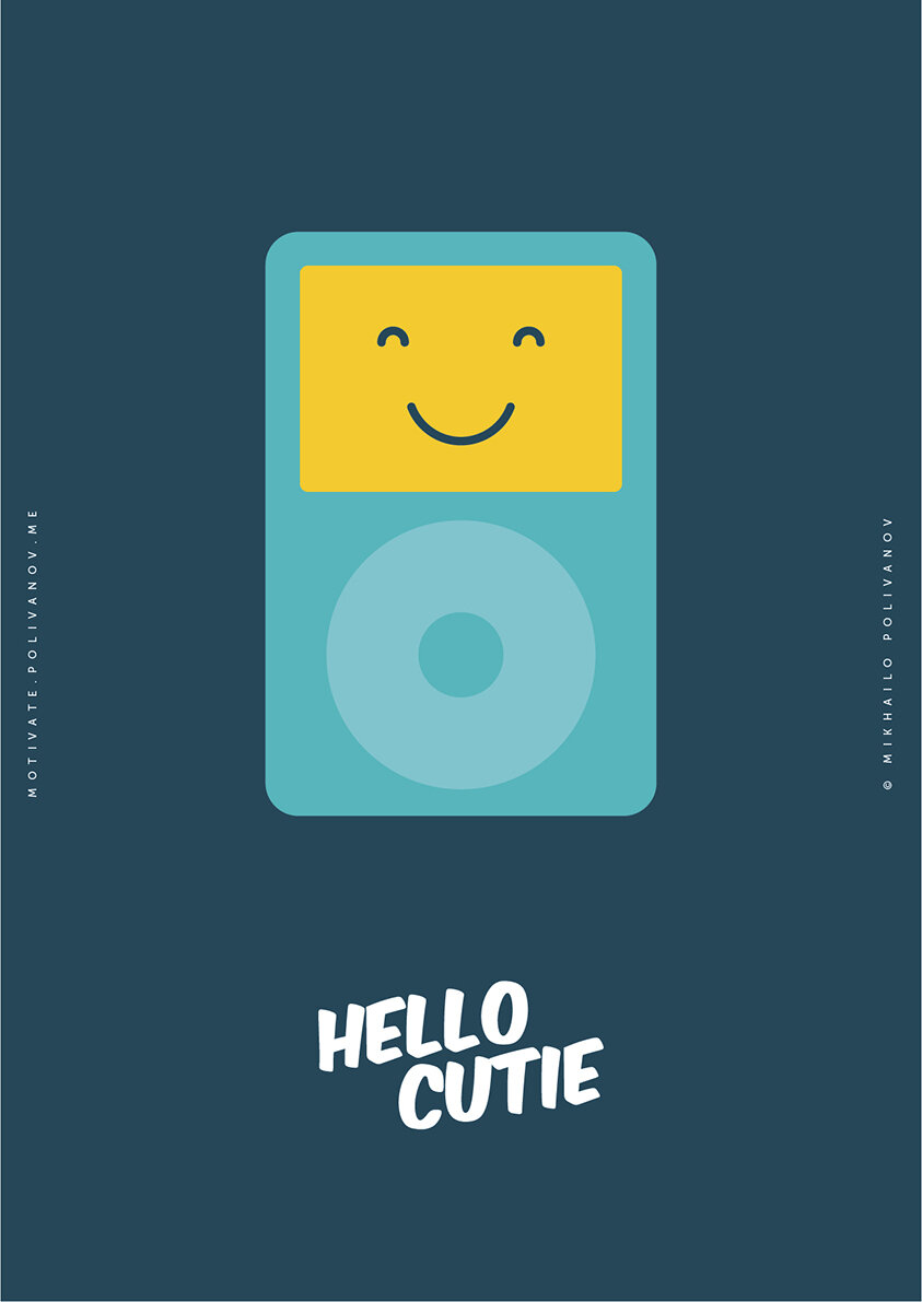 Интерьерный постер на стену картина для интерьера в подарок плакат "Hello Cutie iPod" размера 50х70 см (500х700 мм) репродукция без рамы в тубусе для декора комнаты офиса дома дизайна кухни спальни гостиной детской
