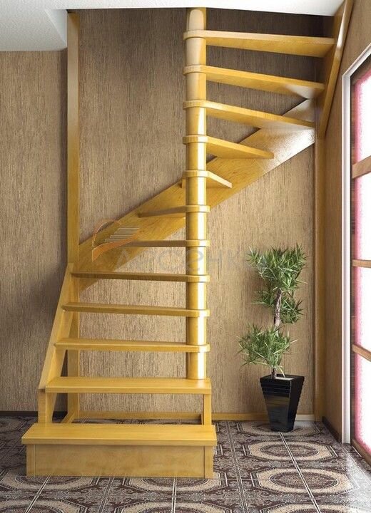Деревянная межэтажная лестница ЛЕС-01 (поворот 180 градусов)