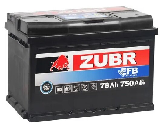 Аккумулятор автомобильный ZUBR EFB 78 Ah 750 A обратная полярность 278x175x190