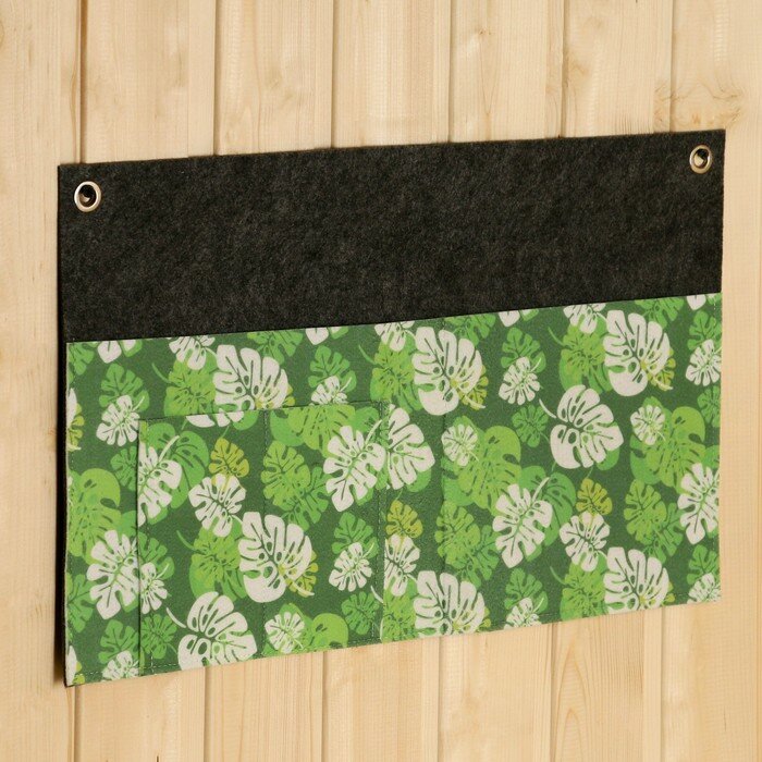 фото Горизонтальный подвесной органайзер на люверсах 3 отделения, принт зеленые листья, 30х50 см,