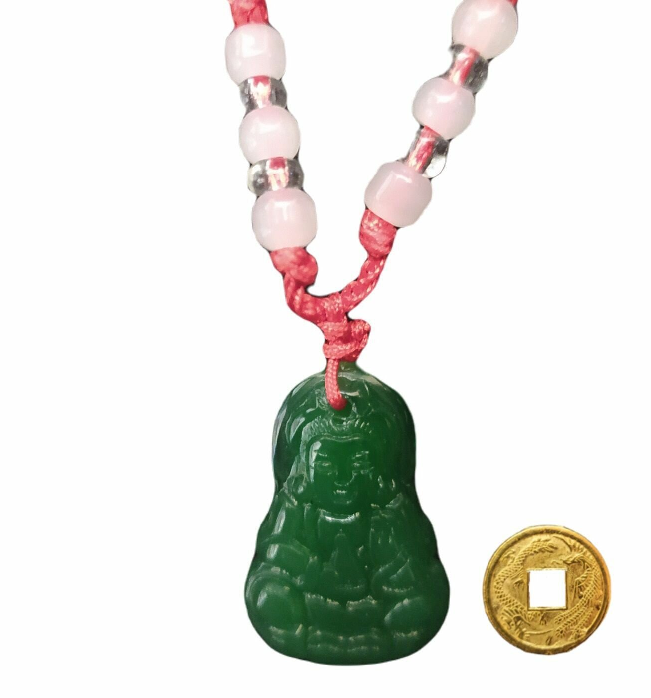 Амулет Будда (зеленый) с красной нитью + монета "Денежный талисман"