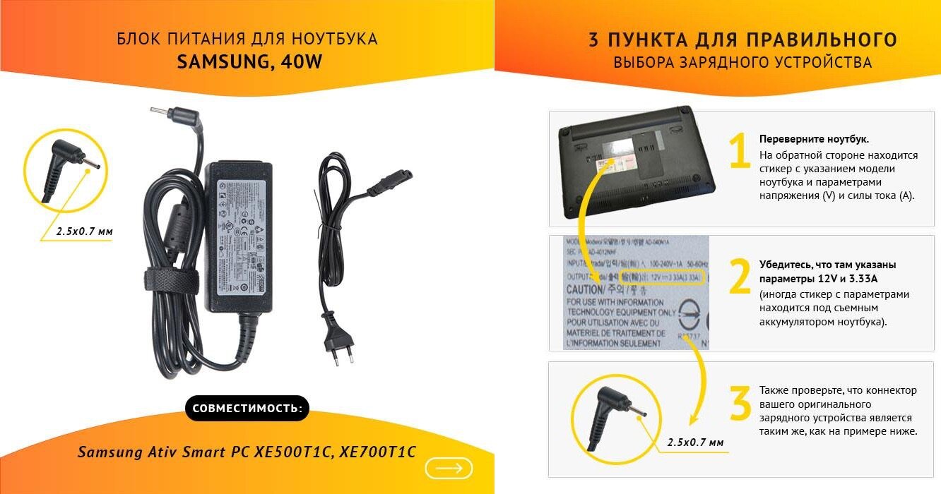 Power unit / Блок питания (AA-PA3N40W) ( зарядка ) ZeepDeep для ноутбука Samsung Ativ Smart PC XE500T1C XE700T1C 12V 3.33A 40W 2.5х0.7 с кабелем