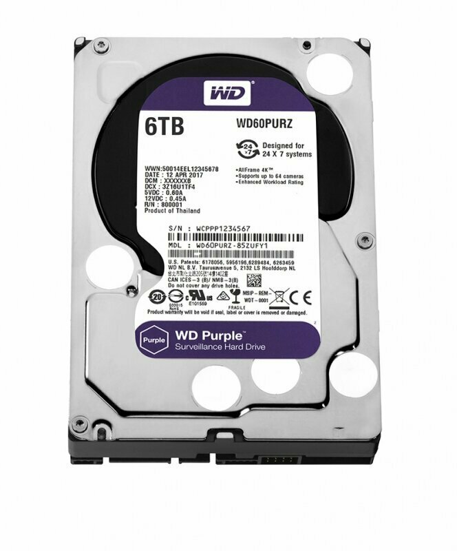 Жесткий диск HDD Western Digital WD60PURZ Purple /SATA III/6 TB 5400об/мин/Скорость чтения 175МБайт/с Скорость записи